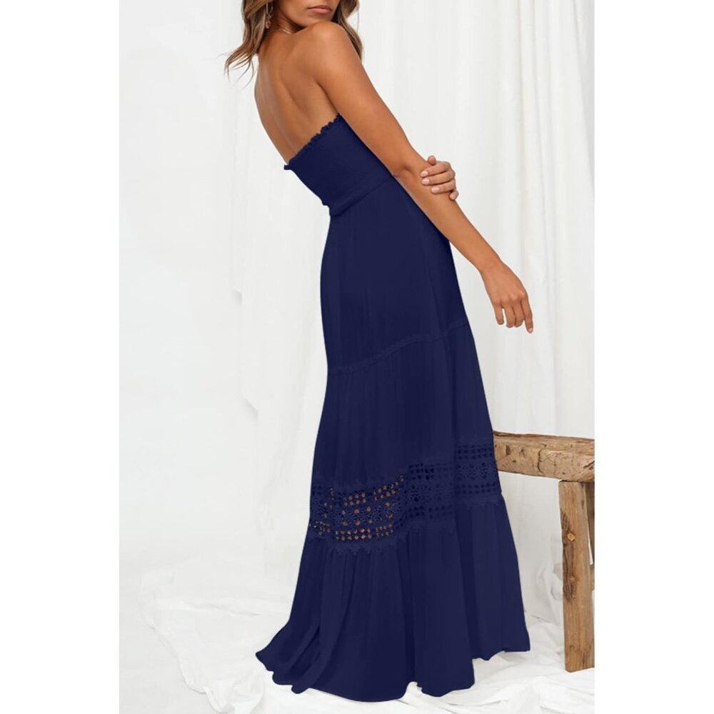 Women's Blue Summer Bohemian Strapless Off Shoulder Lace Trim Backless Flowy - Picture 3 of 9